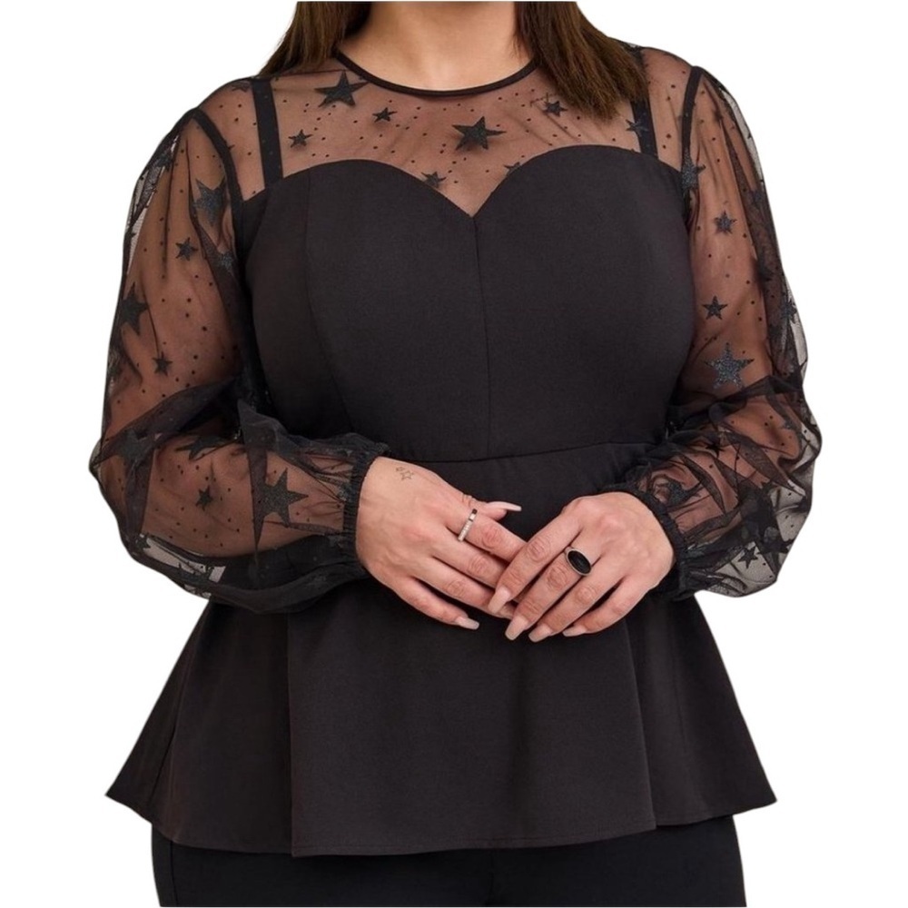 Torrid Peplum Stretch Woven Glitter Stars Top Size 1 Black